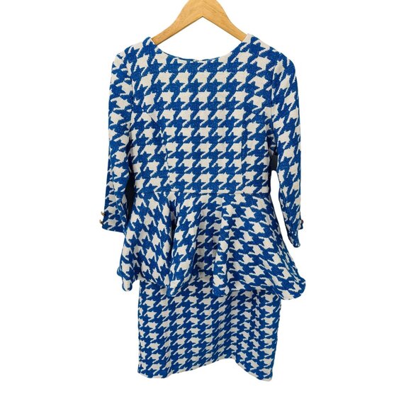 Dainty Jewell's 2 Piece Skirt Peplum Top Set Womens L White Blue Houndstooth Pla - Picture 1 of 11